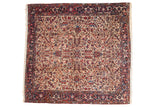 Vintage Mehrivan square carpet with an allover design of leaves and palmettes in red, blue, and ivory.