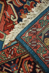 Original blue side cord selvage and full wool pile of an antique Bakshaish collector carpet.