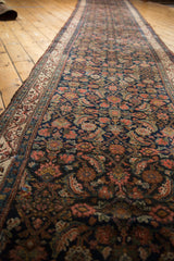 Vintage Hamadan runner, classic Herati motif in navy with blush and ivory Mir Serbend border.