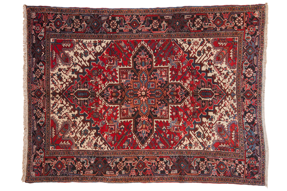 Vintage Mehrivan rug with a serrated red medallion, ivory field, and a turtle design border.
