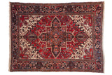 Vintage Mehrivan rug with a serrated red medallion, ivory field, and a turtle design border.