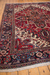 Angled view of the meandering turtle design border and plush pile on the vintage carpet.
