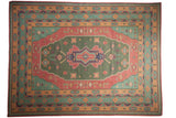 Vintage Stone Wash Dhurrie, oversize geometric medallion with primitive motifs, green, raspberry, sand.