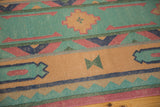 Hand woven Stone Wash Dhurrie with geometric patterns in raspberry, turquoise, royal blue.