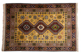 Siberian Caucasian Design Carpet featuring triple diamond medallions on a dusty gold geometric field.