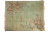 Vintage hand-knotted Japanese Art Deco carpet; seafoam green, ornate floral branches in beige, copper, blue, 11'10