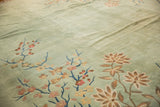 Plush seafoam green Japanese Art Deco rug detail with ornate floral vines in dusty blush and coffee tones.
