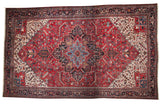 Vintage Mehrivan carpet, oversize stepped medallion, geometric vinery, cherry red, sapphire blue, ivory.