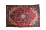 Vintage Mehrivan carpet, cherry red geometric medallion, palmettes, navy, ivory, turtle motif border.