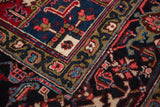 Vintage Mehrivan carpet's inverted Samovar / Turtle border, geometric and floral motifs in navy, red, beige.