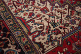 Ivory field displaying cherry red palmettes, sky blue blossoms, and the turtle design border.