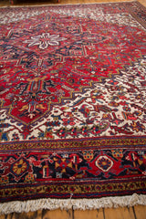 Corner view showing the samovar turtle border and plush hand-knotted pile of a vintage Persian rug.