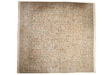 Vintage Tabriz square carpet with an ornate forest scene in powder blue and dusty rose on an ivory field.