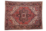 Vintage Mehrivan carpet, dramatic brick red medallion, navy blue, ivory field, 6'9