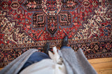 Vintage Mehrivan carpet, central medallion with brick red, navy, and ivory floral motifs.