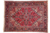 Vintage Mehrivan carpet with a red concentric medallion, palmette finials, and a navy blue turtle border.