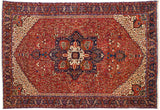 Fine vintage Karaja carpet with a navy medallion, ruby red field, and geometric vinery.