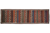 Antique Persian Kilim runner with striped color bands, meandering vine motifs, and a geometric pawn border.