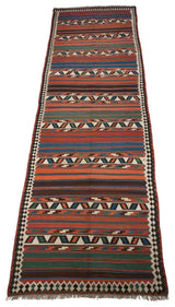 Angled perspective of a striped Persian Kilim showing repeating vine ribbon and pawn border motifs.