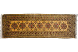 Vintage Daulatabad rug runner with repeating medallions in raspberry red and charcoal on a golden field.