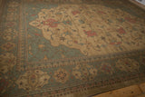 Textured Soumac carpet corner with Serapi-inspired floral and geometric border patterns.