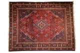 Vintage Joshegan carpet, central diamond medallion, gardens of paradise motif, dusty brick and navy blue, 11'1