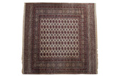A fine Pakistani Bokhara square carpet with a repeating elephant footprint motif in red and navy on an ivory ground.