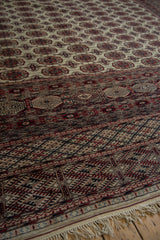 Layered borders with geometric detail in brick red and navy on a plush vintage Pakistani carpet.