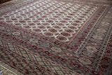 Angled view showing the plush pile and detailed layered borders of a Bokhara carpet.