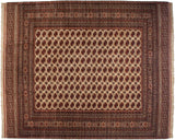 Vintage Pakistani Bokhara carpet featuring repeating red and navy gul medallions on an ivory background.
