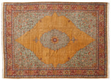 Vintage Tabriz carpet with a large gold scalloped medallion, seafoam green floral field, and brick red border.