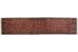 Vintage Mehrivan rug runner with an allover Herati design in red rust, sky blue, and navy blue.