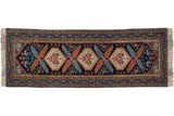 Vintage Persian Ardebil runner, triple ivory floral medallions, serrated leaves, and birds on navy.