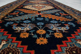 Vintage Ardebil runner: navy blue field, sky blue stylized birds, orange floral motifs.