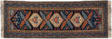 Ardebil runner corner, with serrated leaves, perched birds on navy, and original side selvage.