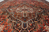 Angled perspective showing the rich, full pile and geometric central medallion of a vintage Mehrivan carpet.