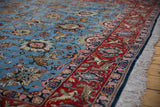 Intricate pictorial designs of hunting animals on the blue field and red border of a vintage Qom carpet.