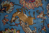 A hand-knotted tiger hunts its prey on the sky blue field of a vintage Persian Qom carpet.