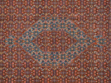 Sky blue hexagonal medallion with Herati motifs on the rust-colored field of a vintage Ardebil carpet.