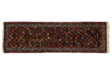 Vintage Ardebil runner with a repeating geometric floral lattice in navy blue, gold, and dusty blush.