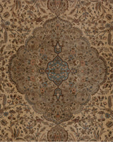 Silver and powder blue scalloped medallion on a vintage Tabriz with detailed floral trees.