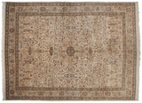 Vintage Tabriz carpet with a roundel medallion, animal motifs, and Cyprus trees on a sand colored field.