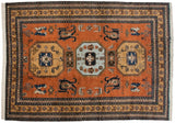 Vintage Meshkin carpet with triple geometric medallions, animals, botehs in rust, navy, sand.