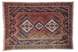 Hand-knotted Vintage Afshar rug with triple diamond medallions, floral botehs in navy, rust, beige.
