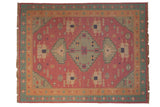 Vintage Stone Wash Dhurrie carpet, central geometric medallion, raspberry red, seafoam, sand palette. 9'4