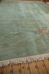 Plush pale ocean green pile, ivory fringe, and intact side selvage.