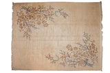 Vintage Japanese Art Deco carpet with ivory field, sprawling blue, blush, mint floral vines.