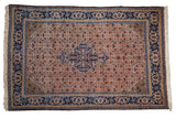 Vintage Ardebil hand-knotted carpet, dusty rose field, blue diamond medallion, Herati motif, 6'6