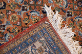 Hand knotted vintage Ardebil carpet corner, showing pile, fringe, and secure selvage.