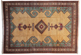 Oversized Vintage Meshkin carpet, ochre field, central diamond medallions, and green rams horn overlays.